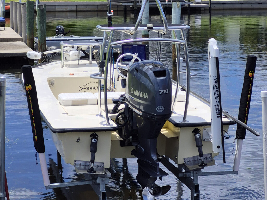 boat on top of a lazy daze lift from the back view